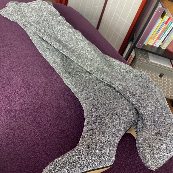 NWOT Buffalo Silver Lurex Fabric thigh High Over-the-knee stiletto heel boot - Picture 2 of 11